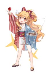  +_+ :d absurdres adapted_costume american_flag american_flag_kimono american_flag_print arm_up bad_id bad_twitter_id blonde_hair blush brown_footwear candy_apple chopsticks clownpiece commentary container fairy_wings female flag_print food full_body hair_ribbon haori highres holding holding_food inactive_account japanese_clothes kimono long_hair looking_at_viewer no_headwear obi oerba_yun_fang open_mouth pink_eyes polka_dot polka_dot_ribbon print_kimono purple_ribbon purple_sash ribbon sandals sash shan short_kimono simple_background smile solo standing thighs touhou tupperware v very_long_hair wavy_hair white_background white_kimono wings 