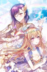  2girls ;) artist_name bang_dream! blonde_hair blue_flower blue_rose boutonniere breasts bug butterfly cleavage clenched_hand commentary day dress fairy_wings flower flower_necklace formal hair_down half_updo hand_on_own_chest hand_up head_wreath jewelry long_hair long_sleeves looking_at_viewer multiple_girls necklace nennen one_eye_closed outdoors parted_lips pink_eyes purple_hair rainbow rose seta_kaoru shirasagi_chisato smile suit symbol-only_commentary white_suit wing_hair_ornament wings 