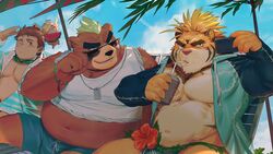  4boys adjusting_eyewear animal_ears animal_nose ashigara_(housamo) bad_id bad_twitter_id bandaid bandaid_on_cheek bandaid_on_face bara beach beach_umbrella bear_ears belly black_eyes blonde_hair blue_male_swimwear blush bracelet brown_fur brown_hair cherub cloud cloudy_sky commentary cup cupid_(housamo) drawstring drinking drinking_straw eating english_commentary eyewear_pull feathered_wings flower food fruit furry furry_male goggles goggles_around_neck green-tinted_eyewear halo hand_up hibiscus holding holding_cup holding_phone inactive_account jacket jewelry large_pectorals leaf looking_over_eyewear macan_(housamo) male_focus male_swimwear midriff mohawk multiple_boys muscular muscular_male navel navel_hair necklace open_clothes open_jacket outdoors pectoral_cleavage pectorals phone plump quirrel_(gharnedanshyo) seductive_smile selfie shirt shirt_rolled_up short_hair sky sleeves_rolled_up smile snout striped_clothes striped_jacket sunglasses taking_picture tennouji_shin&#039;ya thick_eyebrows tied_shirt tied_sleeves tiger_boy tiger_ears tinted_eyewear tokyo_afterschool_summoners umbrella upper_body watermelon watermelon_slice wings yellow_fur 