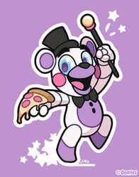  2018 animatronic bear bow_(feature) bow_tie button_(fastener) clothing digital_media_(artwork) five_nights_at_freddy&#039;s food freddy_fazbear&#039;s_pizzeria_simulator hat headgear headwear helpy_(fnaf) machine mammal oomles pizza robot scottgames star top_hat 