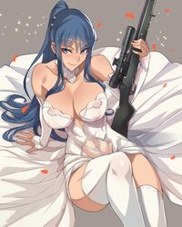  arm_support ban!_(bansankan) bare_shoulders blue_eyes blue_hair breasts cleavage commentary_request covered_nipples detached_sleeves dress female gloves grisaia_(series) grisaia_no_rakuen gun highres holding holding_gun holding_weapon kusakabe_asako large_breasts long_hair looking_at_viewer navel reclining rifle see-through sitting smile sniper_rifle solo thighhighs veil weapon wedding_dress white_gloves white_theme white_thighhighs 