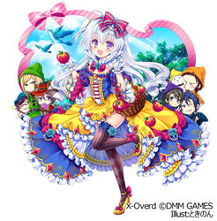  6+boys :d apple basket black_hair blonde_hair blue_hair blue_sky blush bow cloud commentary_request cosplay female food frills fruit glasses gloves green_hat hairbow hand_up hat holding holding_food long_hair looking_at_viewer md5_mismatch multiple_boys nonno official_art open_mouth orange_hat pink_bow pink_ribbon purple_eyes purple_hat red_bow red_hat resolution_mismatch ribbon silver_hair sky smile snow_white_(grimm) snow_white_(grimm)_(cosplay) snow_white_and_the_seven_dwarfs source_larger standing standing_on_one_leg tokinon tree white_gloves x-overd yellow_footwear yellow_hat 