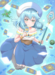  beret blue_hair bracer card commentary_request creature doyagao endro! eyeball female food fruit garter_straps green_eyes hat highres holding holding_staff kneehighs meiza_endust off_shoulder samenoido seaweed side_slit smug socks solo staff watermelon 