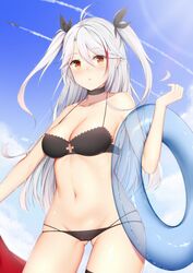  aircraft airplane antenna_hair ass_visible_through_thighs azur_lane bad_id bad_pixiv_id bikini black_bikini black_choker black_ribbon blush breasts brown_eyes choker cleavage cloud collarbone contrail cowboy_shot cross_cutout dated day female groin hair_between_eyes hair_ribbon highres innertube large_breasts long_hair looking_at_viewer multicolored_hair navel official_alternate_costume parted_lips prinz_eugen_(azur_lane) prinz_eugen_(unfading_smile)_(azur_lane) red_hair ribbon sidelocks signature sky solo standing stomach streaked_hair swept_bangs swim_ring swimsuit taitai thigh_strap two-tone_hair two_side_up wet white_hair 