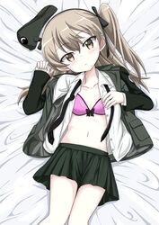  bed_sheet beret black_hat black_jacket black_necktie black_ribbon black_skirt bra brown_eyes closed_mouth commentary_request dress_shirt emblem female from_above girls_und_panzer hair_ribbon hat head_tilt highres jacket japanese_tankery_league_(emblem) light_blush light_brown_hair long_hair long_sleeves looking_at_viewer lying military military_hat military_uniform miniskirt navel necktie on_back on_bed one_side_up open_clothes open_jacket open_shirt pink_bra pleated_skirt ribbon selection_university_(emblem) selection_university_military_uniform shibagami shimada_arisu shirt skirt solo underwear undone_necktie uniform unworn_clothes white_shirt 