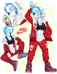  abs absurd_res anthro athletic athletic_anthro athletic_female biped bottle bottomwear canid canine clothed clothing container digital_media_(artwork) english_text female footwear hair hi_res hoodie looking_at_viewer mammal multiple_poses nike pants pose shaded shoes smile solo spazzyhusky text text_on_bottomwear text_on_clothing text_on_footwear text_on_hoodie text_on_pants text_on_shoes text_on_topwear topwear 