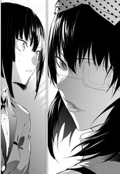  2girls blazer bow breasts commentary_request eyepatch greyscale habakiri_naoe hair_between_eyes hairband hairbow heart heart_print hiiragi_yuuichi ikishima_midari jacket kakegurui kakegurui_midari lips looking_at_another looking_at_viewer monochrome multiple_girls official_art parted_lips school_uniform shirt short_hair small_breasts surprised sweat 