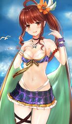  ahoge bird blush breasts brown_eyes brown_hair commentary_request diantha_(granblue_fantasy) efuri_(riarea00) female flower granblue_fantasy hair_flower hair_ornament highres looking_at_viewer medium_breasts navel open_mouth seagull side_ponytail skirt solo swimsuit 