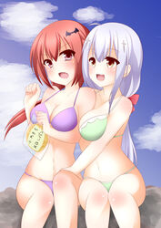  2girls :3 :o ahoge bad_id bad_pixiv_id bat_hair_ornament between_breasts bikini blunt_bangs blush bow bread breasts brown_eyes cleavage cloud cross_hair_ornament day food gabriel_dropout green_bikini hair_ornament hairbow holding_another&#039;s_leg holding_another&#039;s_thighs low_twintails melon_bread midriff multiple_girls navel oerba_yun_fang open_mouth ponytail purple_bikini purple_eyes raphiel_shiraha_ainsworth red_hair satanichia_kurumizawa_mcdowell sitting sky struts swimsuit translated twintails v-shaped_eyebrows white_hair yuri 