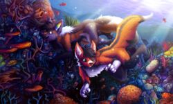  2018 5:3 ambient_coral ambient_fish ambient_sealife ambiguous_gender anthozoan anthro bubble canid canine canis chibity cnidarian coral coral_reef detailed_background domestic_dog duo fish fluffy fox fray_the_fox fur german_shepherd happy herding_dog hi_res inner_ear_fluff light mammal marine multicolored_body multicolored_ears multicolored_fur nude pastoral_dog rainbow_ears ritter_(krazykit) sea sea_sponge sunlight swimming tuft underwater water 