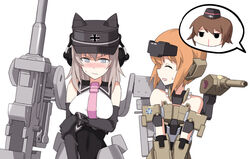  3girls anglerfish armor blood blush brown_hair busou_shinki bysan cannon commentary_request cosplay earphones embarrassed emblem fish frame_arms_girl girls_und_panzer gourai gourai_(cosplay) hat itsumi_erika kuromorimine_(emblem) mecha_musume multiple_girls murmeltier murmeltier_(cosplay) nishizumi_maho nishizumi_miho nosebleed ooarai_(emblem) orange_hair platinum_blonde_hair sweatdrop 