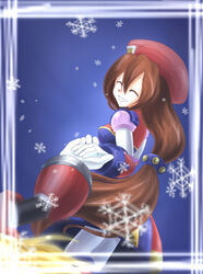  android beret brown_hair capcom closed_eyes female frame gloves hair_between_eyes hand_holding hat iris_(rockman_x) long_hair military_hat out_of_frame pishuke red_hat rockman rockman_x smile snowflake swow white_gloves 