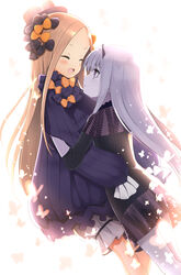  2girls :d :o ^_^ abigail_williams_(fate) bell_(oppore_coppore) black_bow black_dress black_hat blonde_hair bloomers blush bow bug butterfly closed_eyes commentary_request dress facing_another fate/grand_order fate_(series) forehead hairbow hat highres hug lavinia_whateley_(fate) long_hair long_sleeves looking_at_another multiple_girls open_mouth orange_bow pale_skin parted_bangs parted_lips polka_dot polka_dot_bow purple_eyes sleeves_past_fingers sleeves_past_wrists smile underwear very_long_hair white_background white_bloomers white_hair 