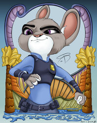  2016 anthro badge belt clothed clothing digital_media_(artwork) disney eyelashes female fur grey_body grey_fur inner_ear_fluff judy_hopps lagomorph leporid mammal pink_nose police police_uniform purple_eyes rabbit rcbrock signature smile solo tuft uniform zootopia 