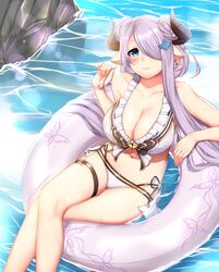  absurdres animal_print bare_arms bikini blue_eyes braid breasts butterfly_earrings butterfly_print cleavage closed_mouth collarbone commentary_request crossed_legs draph earrings eyelashes female food frills from_above granblue_fantasy hair_ornament hair_over_one_eye highres holding holding_spoon horns innertube jewelry kusahagane large_breasts lens_flare light_purple_hair long_hair looking_at_viewer narmaya_(granblue_fantasy) narmaya_(summer)_(granblue_fantasy) navel official_alternate_costume pointy_ears purple_hair side-tie_bikini_bottom sitting smile solo spoon stomach swim_ring swimsuit thigh_strap water wet white_bikini 