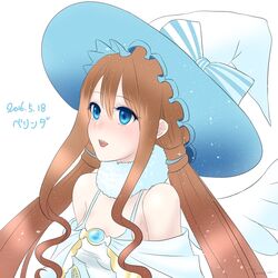  2016 :d bad_id bad_pixiv_id belinda_(sennen_sensou_aigis) blue_eyes bow brown_hair female hat hat_bow long_hair looking_to_the_side open_mouth sennen_sensou_aigis smile solo ten_(tentojidon) upper_body white_hat witch_hat 