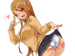  ass body_writing breasts brown_hair cv1115 female gal hair_flower hair_ornament long_hair looking_at_viewer open_mouth panties school_uniform skirt skirt_lift white_panties wink 