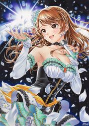  :d bad_id bad_twitter_id bare_shoulders blush braid breasts brown_eyes brown_hair cleavage colored_pencil_(medium) corset detached_sleeves dress earrings female hair_ornament highres hojo_karen idolmaster idolmaster_cinderella_girls idolmaster_cinderella_girls_starlight_stage inuono_mama jewelry long_hair medium_breasts microphone open_mouth petals smile solo traditional_media 