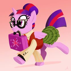  1:1 2017 absurd_res alicorn clothing cutie_mark docwario equid equine eyewear feathered_wings feathers female friendship_is_magic fur glasses gradient_background hair hair_bun hasbro hi_res horn mammal mouth_hold multicolored_hair my_little_pony mythological_creature mythological_equine mythology purple_body purple_eyes purple_fur purple_skin simple_background solo suitcase twilight_sparkle_(mlp) wings 