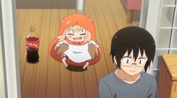  1boy animated chibi coke doma_taihei doma_umaru female glasses hamster_costume himouto!_umaru-chan hood jumping siblings 