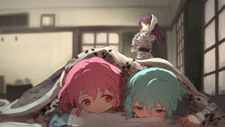  1boy 2girls aqua_hair arm_around_shoulder bad_id bad_pixiv_id bath_yukata blue_eyes blurry blurry_background blush braid commentary_request dorothy_west hair_down highres japanese_clothes kimono long_hair long_sleeves lying mole mole_under_eye multiple_girls on_stomach otoko_no_ko picture_frame pillow pink_eyes pink_hair pretty_series pripara purple_eyes reona_west ruru_ashihara ryokan shared_blanket short_hair side_braid smile toudou_shion towel towel_on_head under_covers yellow_eyes yukata 