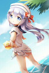  blue_eyes blue_hair cloud commentary_request day dress female flot from_behind gochuumon_wa_usagi_desu_ka? hair_ornament hairclip hat highres kafuu_chino long_hair looking_back open_mouth outdoors outstretched_arms seashell shell sky solo wading water white_dress wind 