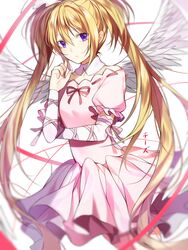  bad_id bad_pixiv_id blonde_hair chi_zu_crazy choker detached_sleeves dress dutch_angle feathered_wings female floating_hair hair_between_eyes hoshina_utau index_finger_raised long_hair looking_at_viewer neck_ribbon pink_dress pleated_dress purple_eyes red_ribbon ribbon short_dress short_sleeves shugo_chara! solo standing twintails very_long_hair white_wings wings 