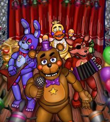  2018 animatronic avian bear bird canid canine chicken digital_media_(artwork) electronics eye_patch eyewear five_nights_at_freddy&#039;s fox freddy_fazbear&#039;s_pizzeria_simulator galliform gallus_(genus) group guitar lagomorph leporid machine mammal microphone musical_instrument parrot phasianid plucked_string_instrument poruteno rabbit robot rockstar_bonnie_(fnaf) rockstar_chica_(fnaf) rockstar_foxy_(fnaf) rockstar_freddy_(fnaf) scottgames string_instrument 