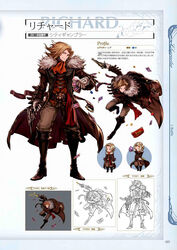  1boy belt blonde_hair blue_eyes boots card character_name chibi chibi_inset coat coin full_body fur_trim gloves granblue_fantasy gun highres joker_(playing_card) line_art long_hair male_focus minaba_hideo multiple_views official_art page_number photoshop_(medium) playing_card richard_(granblue_fantasy) scan translation_request weapon 