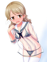  bikini black_bikini blush brown_eyes brown_hair commentary_request cowboy_shot dress drill_hair embarrassed female idolmaster idolmaster_cinderella_girls light_brown_hair momoda_yasuhito morikubo_nono sailor_dress see-through short_hair simple_background solo swimsuit thighhighs white_background white_thighhighs 