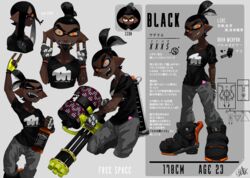  1boy absurdres alcohol artist_self-insert black_(blacknoir_alpha) black_footwear black_hair black_shirt black_tongue blacknoir_alpha character_name commentary_request dark-skinned_male dark_skin ear_piercing english_text fingerless_gloves gatling_gun gloves glowing glowing_eyes grey_pants hair_down heavy_splatling_(splatoon) highres inkling inkling_boy inkling_player_character multiple_views orange_eyes pants piercing pointy_ears reference_sheet sharp_teeth shirt signature smirk splatoon_(series) splatoon_2 t-shirt tattoo teeth tentacle_hair tongue tongue_out weapon whiskey 