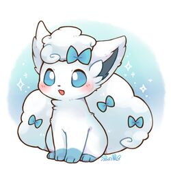  alolan_vulpix blue_eyes blush bow commentary full_body hairbow lovewolf5122 no_humans pokemon pokemon_(creature) signature smile solo 