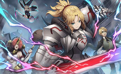  1boy 3girls airborne aqua_eyes armor bandages blonde_hair bolt_(hardware) boots braid chinese_commentary city coat commentary_request dagger dome dual_wielding elbow_gloves energy fate/apocrypha fate/grand_order fate/prototype fate/prototype:_fragments_of_blue_and_silver fate_(series) frankenstein&#039;s_monster_(fate) gauntlets glasses gloves gorget green_eyes hair_over_eyes halterneck holding horns jack_the_ripper_(fate/apocrypha) jacket jacket_on_shoulders jekyll_and_hyde_(fate) kiyo_(chaoschyan) knife light_purple_hair long_hair midriff mordred_(fate) mordred_(fate/apocrypha) multiple_girls navel panties pauldrons photoshop_(medium) ponytail red_hair scrunchie shoulder_armor staff sword thigh_boots thighhighs underwear veil weapon 