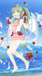  bare_shoulders barefoot blue_sky cloud commentary_request day dragon_wings female fire_emblem fire_emblem:_mystery_of_the_emblem fire_emblem_heroes flower green_eyes green_hair hair_ribbon long_hair one-piece_swimsuit open_mouth pink_one-piece_swimsuit pointy_ears ponytail red_ribbon ribbon sasakimuu sky solo swimsuit tiara tiki_(fire_emblem) tiki_(young)_(fire_emblem) tiki_(young)_(summer)_(fire_emblem) water wings 