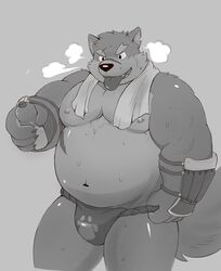  2017 absurd_res anthro asian_clothing beverage bulge canid canine canis clothing domestic_dog east_asian_clothing footprint fundoshi grey_background greyscale hi_res japanese_clothing kemono kusunagi lifewonders male mammal monochrome moritaka_(tas) musclegut muscular muscular_anthro muscular_male overweight overweight_anthro overweight_male pawprint simple_background slightly_chubby solo tokyo_afterschool_summoners tongue tongue_out underwear 