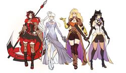  4girls absurdres aged_up alternate_costume alternate_hairstyle animal_ears black_hair black_scarf blake_belladonna blonde_hair blue_eyes breasts cape cat_ears cleavage cleaver cloak commentary_request crescent_rose earrings ember_celica_(rwby) fingerless_gloves flower full_body gambol_shroud gauntlets gloves grey_eyes gun handgun highres holding holding_weapon hood hooded_cloak jewelry kama_(weapon) katana kusarigama large_breasts long_hair long_sleeves magic_circle multicolored_hair multiple_girls myrtenaster necklace orange_scarf petals ponytail pricklyalpaca prosthesis prosthetic_arm purple_eyes rapier red_cape red_hair ribbon rose rose_petals ruby_rose rwby scar scar_across_eye scar_on_face scarf scythe shotgun sickle side_ponytail sword two-tone_hair vambraces very_long_hair vest waist_cape wavy_hair weapon weiss_schnee white_background white_hair wide_sleeves yang_xiao_long yellow_eyes 