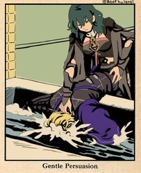  1boy armor ascot asphyxiation blonde_hair blue_hair byleth_(female)_(fire_emblem) byleth_(fire_emblem) cape closed_eyes commentary dimitri_alexandre_blaiddyd drowning female fire_emblem fire_emblem:_three_houses garreg_mach_monastery_uniform gloves hair_ornament long_hair meme short_hair simple_background tofucakes uniform water 