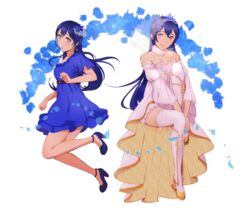  blue_dress blue_hair blush commentary detached_sleeves dress earrings female floating full_body highres jewelry long_hair looking_at_viewer love_live! love_live!_school_idol_festival love_live!_school_idol_project multiple_persona open_mouth smile solo sonoda_umi strapless strapless_dress thighhighs tiara udo_(zzinya) veil wedding wedding_dress white_footwear white_thighhighs yellow_eyes 