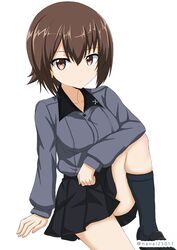  arm_support black_skirt black_socks brown_eyes brown_hair closed_mouth commentary dress_shirt elbow_on_knee emblem female girls_und_panzer grey_shirt kuromorimine_school_uniform leg_up light_frown loafers long_sleeves looking_at_viewer miniskirt nishizumi_maho one-hour_drawing_challenge pleated_skirt school_uniform shibagami shirt shoes short_hair simple_background sitting skirt socks solo twitter_username white_background 