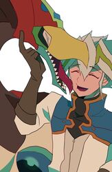  closed_eyes dragon duel_monster grey_hair multicolored_hair odd-eyes_dragon smile spiky_hair teeth two-tone_hair yu-gi-oh! yuu-gi-ou_arc-v zarc_(yuu-gi-ou_arc-v) 