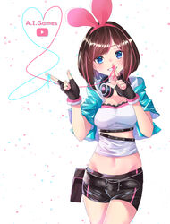  absurdres alternate_costume animal_ears belt black_gloves black_shorts blue_eyes blue_jacket blue_ribbon breasts brown_hair commentary cowboy_shot fake_animal_ears female fingerless_gloves gloves grin groin hairband head_tilt heart_ribbon highres index_finger_raised jacket kizuna_ai kizuna_ai_(a.i._games) kizuna_ai_inc. looking_at_viewer medium_breasts midriff multicolored_hair nasubi_(nasubi555) navel official_alternate_costume open_clothes open_jacket pink_hairband ribbon shirt short_hair short_shorts short_sleeves shorts smile solo standing stomach streaked_hair swept_bangs virtual_youtuber white_background white_shirt youtube youtube_logo 