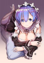  :&gt; artist_name black_ribbon blue_eyes blue_hair blurry breasts cleavage closed_mouth commentary_request depth_of_field detached_sleeves dress eyebrows eyelashes eyes_visible_through_hair female frilled_sleeves frills full_body gradient_background hair_ornament hair_over_one_eye hair_ribbon hiroki_(hirokiart) looking_at_viewer lying maid medium_breasts neck_ribbon no_shoes pillow pink_ribbon re:zero_kara_hajimeru_isekai_seikatsu rem_(re:zero) ribbon roswaal_mansion_maid_uniform shade short_hair smile solo thighhighs white_thighhighs wide_sleeves x_hair_ornament 