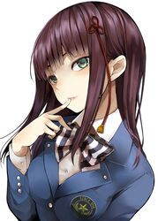  black_hair blunt_bangs commentary_request female finger_to_mouth green_eyes hair_ornament highres kosei_high_school_uniform long_hair looking_at_viewer nemu_(nebusokugimi) persona persona_5 school_uniform solo tougou_hifumi 