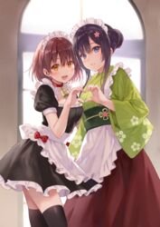  2girls :d apron backlighting bell black_dress black_legwear blue_eyes blush bow brown_eyes brown_hair brown_skirt choker comitia commentary_request cowbell day dress frilled_apron frills fukahire_(ruinon) green_kimono hair_between_eyes hair_bun hair_ornament heart heart_hair_ornament indoors japanese_clothes kimono long_hair long_sleeves maid maid_headdress mixed_maids multiple_girls neck_bell obi open_mouth original puffy_short_sleeves puffy_sleeves red_bow red_choker sash short_sleeves siblings sidelocks single_hair_bun sisters skirt smile sorai_mahiru_(fukahire) sorai_yuuka sunlight teeth thighhighs upper_teeth_only wa_maid waist_apron white_apron wide_sleeves window 