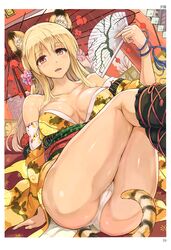  absurdres animal_ears arm_support artist_name ass bare_shoulders blonde_hair blush breasts collarbone dutch_angle female hair_ornament hand_fan highres holding japanese_clothes kimono large_breasts long_hair looking_at_viewer non-web_source open_mouth original panties red_eyes scan sitting solo tail tiger_ears tiger_tail toranoana underwear white_panties wide_sleeves yuugiri_(u-slash) 