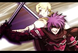  2boys armor bandages bare_shoulders biwaminstrelso1 cape commentary_request deen_(fire_emblem_gaiden) fire_emblem fire_emblem_echoes:_shadows_of_valentia gauntlets gloves jesse_(fire_emblem) male_focus multiple_boys one_eye_closed purple_hair sword teeth upper_body weapon 