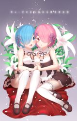  2girls blue_eyes blue_hair blue_ribbon blush breasts bu_li cleavage commentary flower hair_ornament hair_over_one_eye hair_ribbon highres holding_hands interlocked_fingers maid maid_headdress medium_breasts multiple_girls open_mouth petals pink_eyes pink_hair pink_ribbon ram_(re:zero) re:zero_kara_hajimeru_isekai_seikatsu rem_(re:zero) ribbon roswaal_mansion_maid_uniform short_hair siblings sisters sleeveless thighhighs twins white_legwear x_hair_ornament 