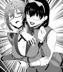  2girls bandaged_arm bandages blazer bow breasts closed_eyes collared_shirt commentary_request earrings eyepatch glasses greyscale hair_between_eyes hairband hiiragi_yuuichi hug hug_from_behind hyakkaou_academy_school_uniform ikishima_midari jacket jewelry kakegurui kakegurui_midari large_breasts long_hair long_sleeves monochrome multiple_girls nureba_ayame official_art one_eye_covered open_mouth piercing pleated_skirt school_uniform semi-rimless_eyewear shirt short_hair skirt smile sweat upper_body yuri 