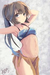  adapted_costume alternate_costume arm_behind_head armpits arms_up artist_name bare_shoulders bikini blue_eyes breasts brown_hair commentary_request female kantai_collection kazagumo_(kancolle) kazagumo_(swimsuit_mode)_(kancolle) long_hair looking_at_viewer ponytail sarong small_breasts solo swimsuit yanagi_wakana 