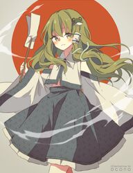  bad_id bad_pixiv_id female frog_hair_ornament green_eyes green_hair hair_ornament japanese_clothes kochiya_sanae long_hair looking_at_viewer miko ofuda okono signature skirt smile snake_hair_ornament solo swirling touhou 